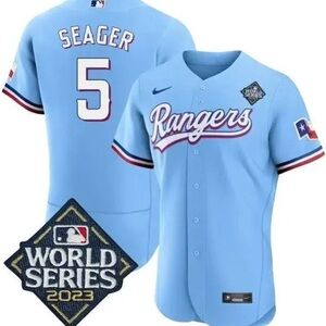 Men's MLB Texas Rangers Corey Seager Nike 2023 World Series Jersey Powder Blue